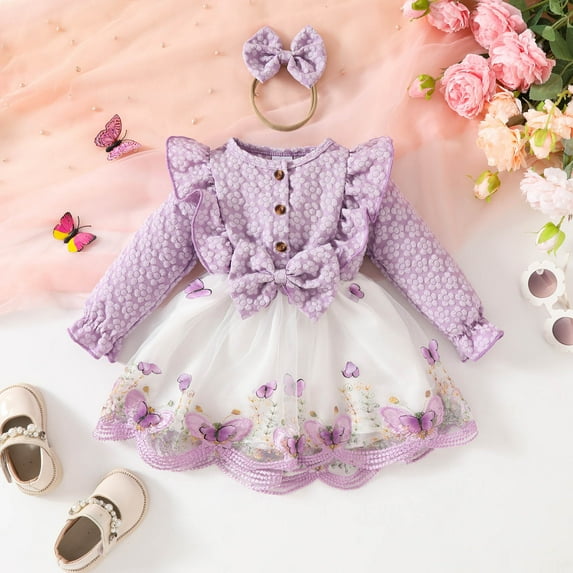 WOYY Newborn Girl Long Sleeve Tulle Dress Ruffles Floral Bowknot Dress With Headband
