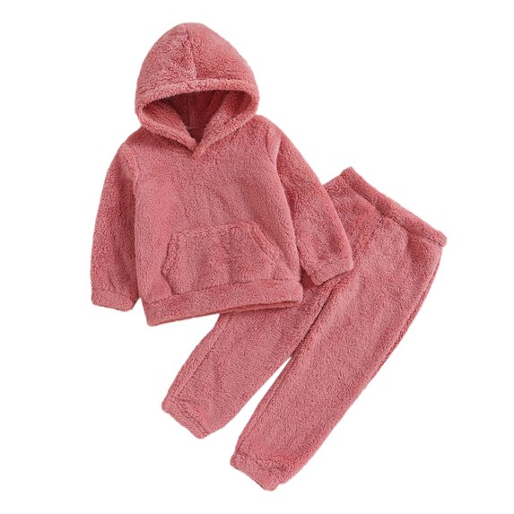 WOYY Newborn Girl's 2Pcs Outfits Flannel Solid Fuzzy Hoodie Pants Casual Warm Clothes Set