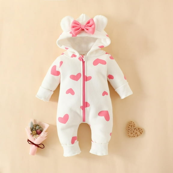WOYY Newborn Girls Bow Hooded Romper Fleece Heart Prints Long Sleeve Zip Up Warm Jumpsuit