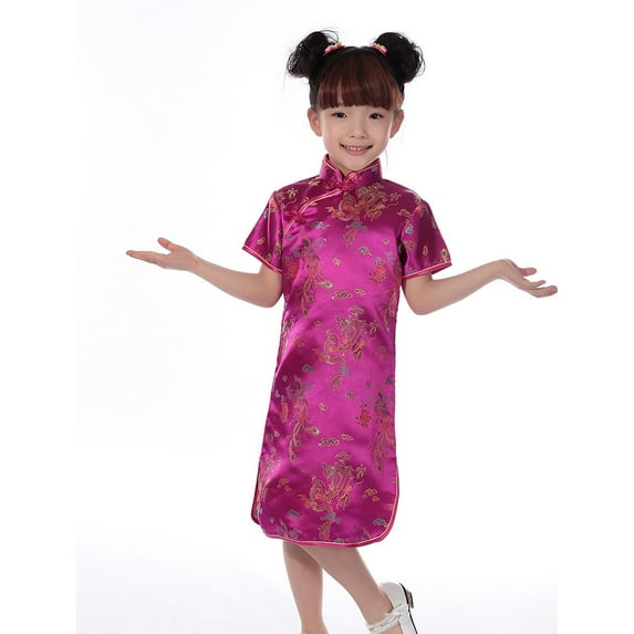 WOYY Newborn Girls Cheongsam Dress Silk Satin Short Sleeve Chinese Dress, Sizes 6M-10Y