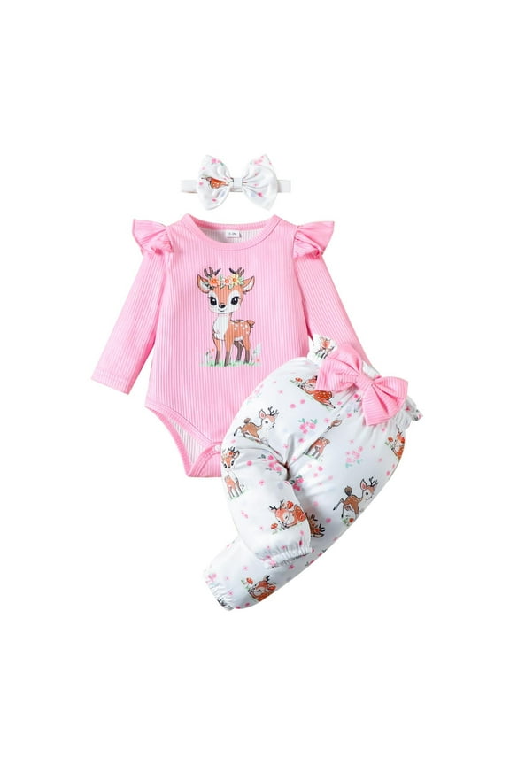 Newborn Girls Clothes Set Cartoon Fawn Print Romper Pants Headband Sets, Sizes 3-6M