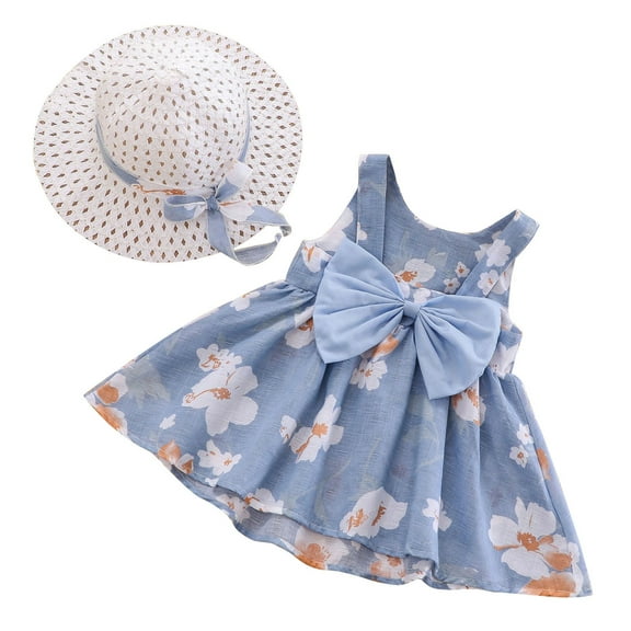 WOYY Newborn Girls Floral Dress Sleeveless Bow Backless Beach Dress with Straw Hat Set