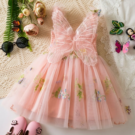 WOYY Newborn Girls Flower Embroidery Tulle Dress Party Princess Dress with Wing, Sizes 6M-5T