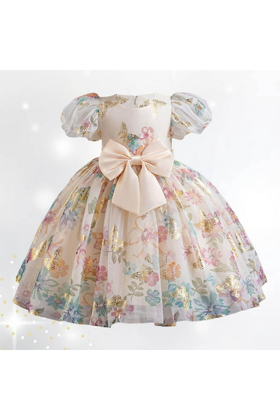 Newborn Girls Flower Print Bow Birthday Wedding Party Dress Pageant Gown, Sizes 6M-5T