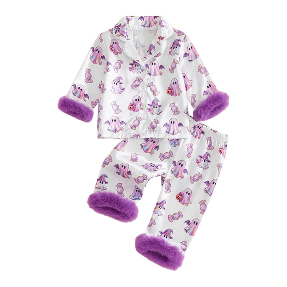WOYY Newborn Girls Halloween Pajamas Satin Long Sleeve Button Down Shirt Pants Sleepwear