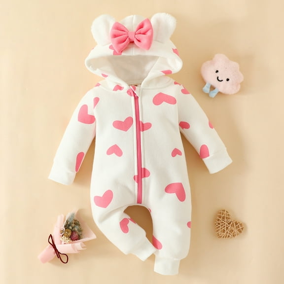 WOYY Newborn Girls Hooded Jumpsuit Hearts Print Long Sleeve Bowknot Zipper Romper Onesie