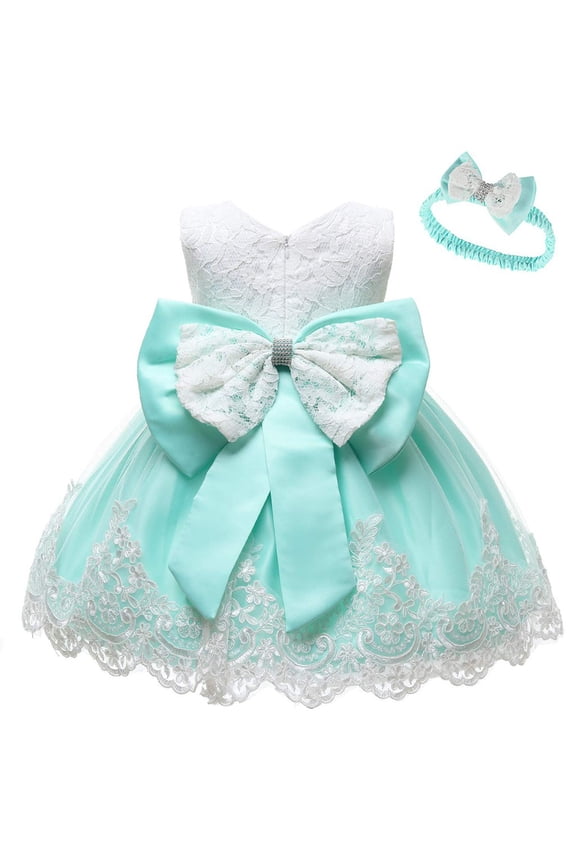 Newborn Girls Lace Bow Wedding Party Dress Birthday Princess Dress & Headband, Sizes 0-24M