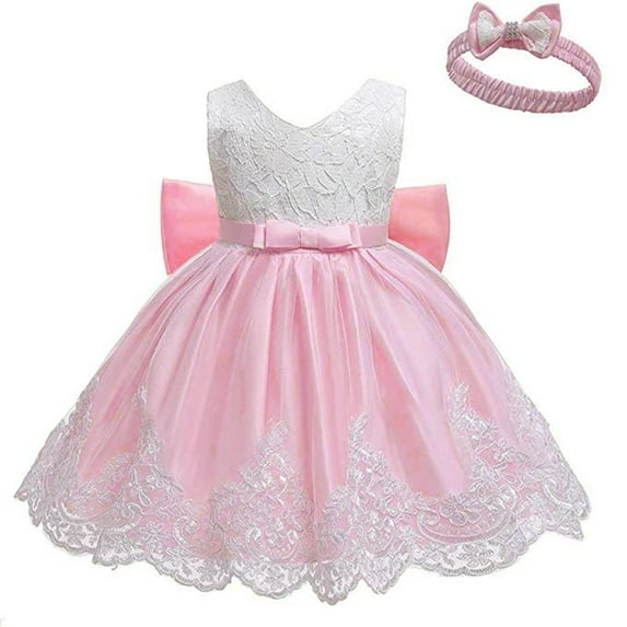 WOYY Newborn Girls Lace Bow Wedding Party Dress Birthday Princess Dress & Headband, Sizes 0-24M
