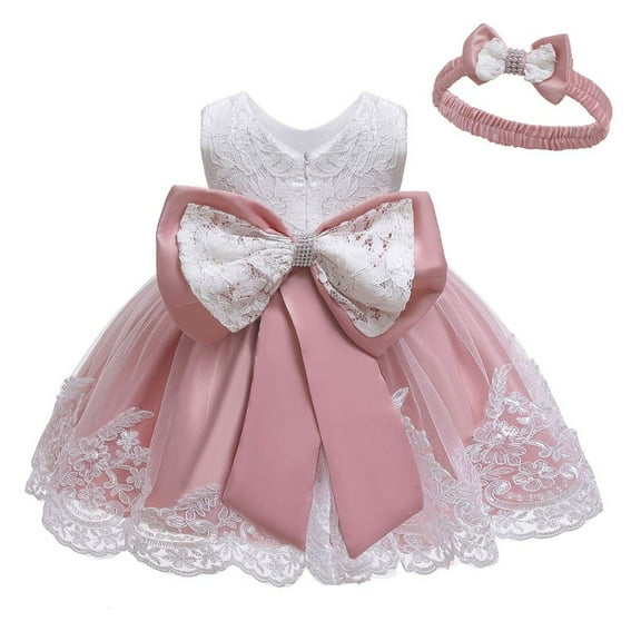 WOYY Newborn Girls Lace Bow Wedding Party Dress Birthday Princess Dress & Headband, Sizes 0-24M