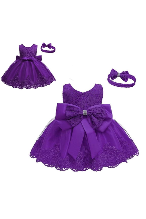 Newborn Girls Lace Bowknot Princess Wedding Formal Dress & Headband Set, Sizes 0-24M