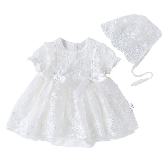 WOYY Girls Lace Ruffle Baptism Dress Puff Sleeve Birthday Party Gown, Sizes 0-3M