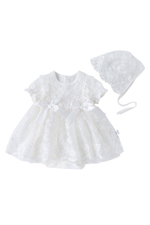 Girls Lace Ruffle Baptism Dress Puff Sleeve Birthday Party Gown, Sizes 0-3M