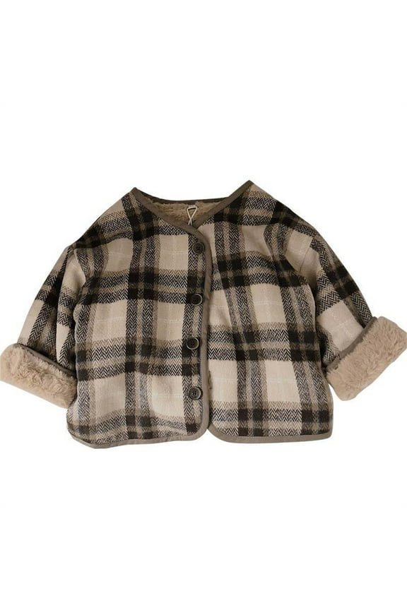 Girls Lamb Wool Jacket Plaid Button Down Coat Outerwear, Sizes 6-12M