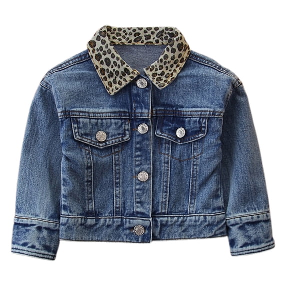 WOYY Girls Leopard Denim Jacket Button Front Long Sleeve Coat Outerwear Shirt