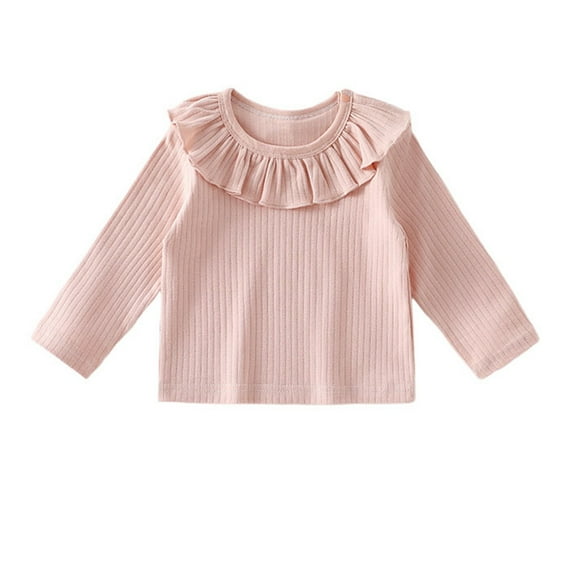 WOYY Newborn Girls Long Sleeve T-Shirt Ruffle Crewneck Ribbed T Shirt Cotton Undershirt