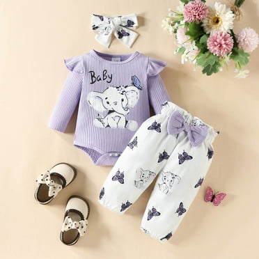 WOYY Newborn Girls Outfits Cartoon Prints Long Sleeve Ribbed Romper Pants Headband Sets