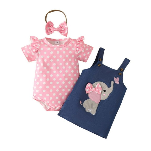 WOYY Newborn Girls Outfits Cute Ruffle Short Sleeve Romper Denim Jumper Dress Headband Set, Sizes 0-3M