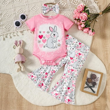 WOYY Newborn Girls Outfits Rabbit Print Short Sleeve Romper Flared Pants with Headband Set