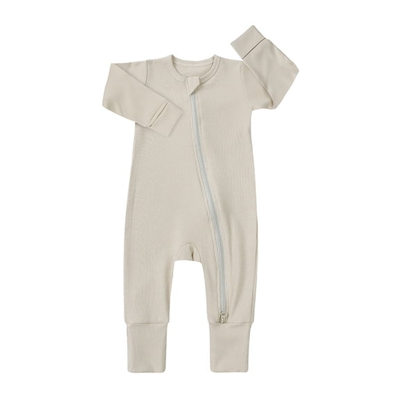 WOYY Girls Ribbed Long Sleeve Romper Baby Zipper Solid Color Jumpsuit, Sizes 6-12M