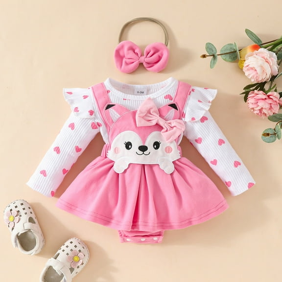 WOYY Newborn Girls Romper Dress Cartoon Print Long Sleeve Bodysuit With Headband Outfits