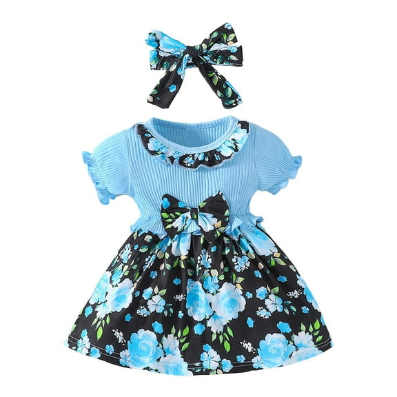 WOYY Newborn Girls Ruffle Short Sleeve Floral Print Dress Headband Outfits, Sizes 3-6M