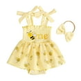 thumbnail image 1 of WOYY Newborn Girls Summer Outfits Cartoon Bee Print Smocked Mesh Romper & Headband Set, 1 of 5