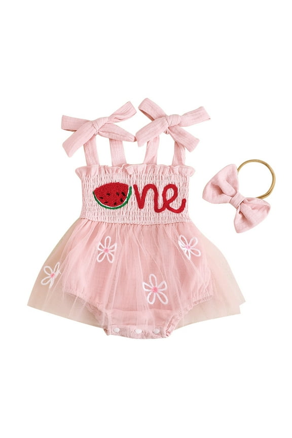 Girls Watermelon Embroidery Sleeveless Strap Romper with Headband, Sizes 6-12M