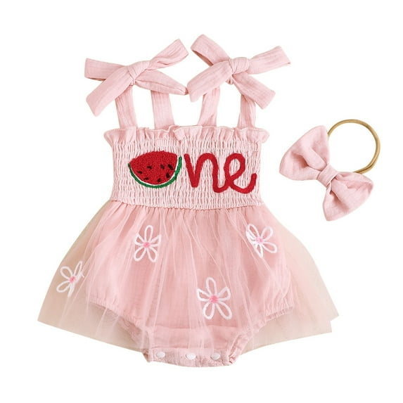 WOYY Girls Watermelon Embroidery Sleeveless Strap Romper with Headband, Sizes 6-12M