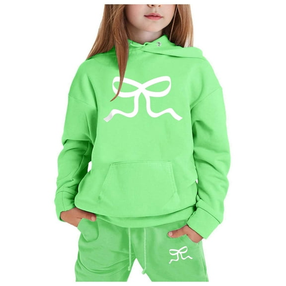 WOYY Outfits for Girls Bow Print Hoodie Jogger Sweatpants Tracksuit, Sizes 6-7