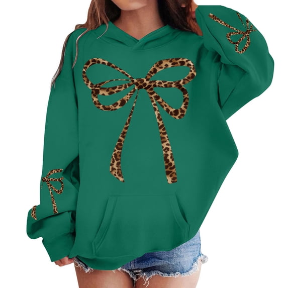 WOYY Oversized Hoodie for Girls Leopard Bow Graphic Sweatshirt Preppy Cute Pullover Top, Sizes 2-13