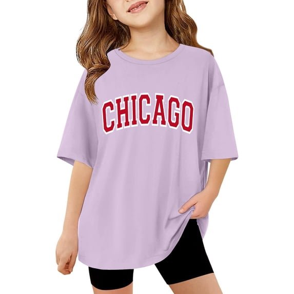 WOYY Oversized T-Shirt for Girls Chicago Print Short Sleeve Crew Neck Tshirt, Light Purple, Sizes 3-14