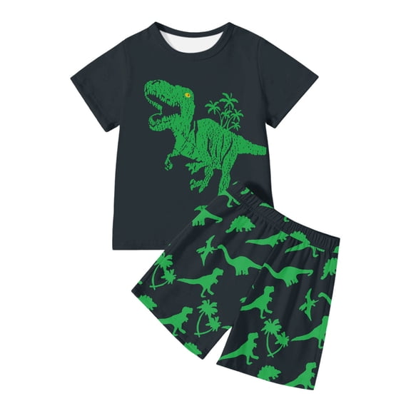 WOYY Pajama Set for Boys Dinosaur Print Short Sleeve T-Shirt Shorts Homewear, Sizes 5-6Y