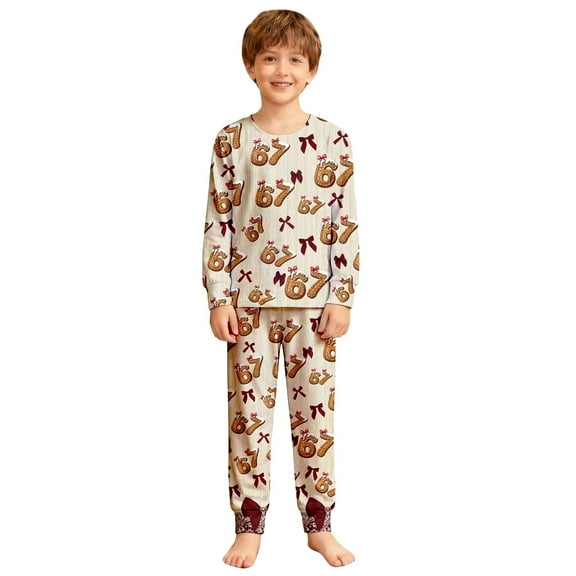 WOYY Pajamas for Boys 67 Print Long Sleeve Top Pants Snug Fit Loungewear Set, Sizes 6-7