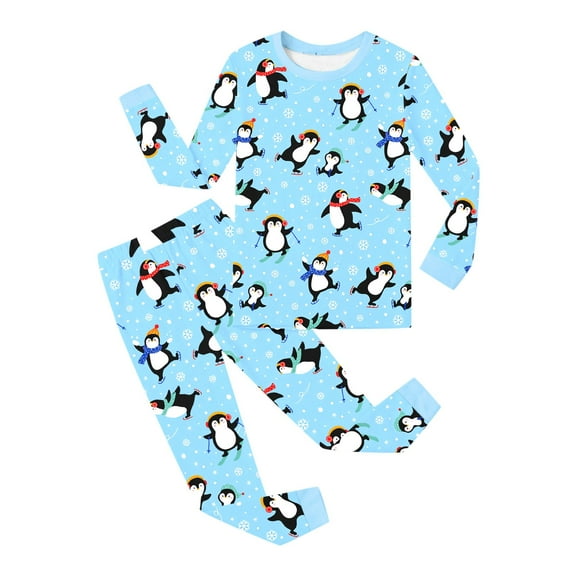 WOYY Pajamas for Boys Penguin Print Long Sleeve T Shirt Pants Loungewear Set, Sizes 7-8