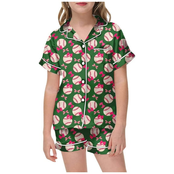 WOYY Pajamas for Girls Baseball Shirt Short Sleeved Top Shorts Loungewear, Sizes 2-3T