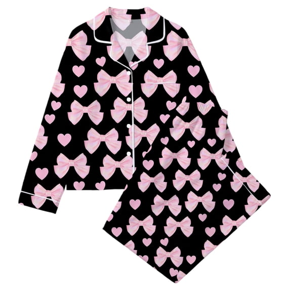 WOYY Pajamas for Girls Cute Bow Print Long Sleeve Button Front Top Pants PJs, Sizes 3-14