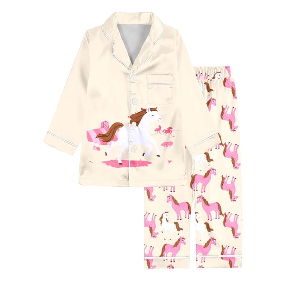 WOYY Pajamas for Girls Horse Graphic Long Sleeve Button Down Shirt Pants PJs, Sizes 3-14