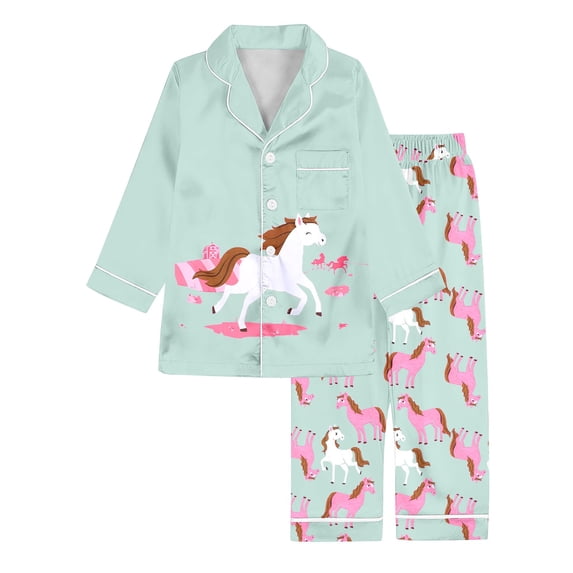 WOYY Pajamas for Girls Horse Graphic Long Sleeve Button Down Shirt Pants PJs, Sizes 3-14