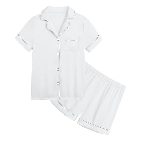 WOYY Pajamas for Girls Unisex Solid Basic Button Down Shirt Shorts Sleepwear, Sizes 2-13