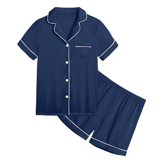 WOYY Pajamas for Girls Unisex Solid Basic Button Down Shirt Shorts Sleepwear, Sizes 2-13