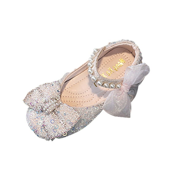 WOYY Performance Dance Shoes for Girls Pearl Rhinestones Bow Sandals Princess Dress Shoes