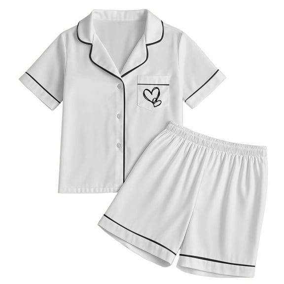 WOYY Pjs for Girls Heart Print Short Sleeve Button Down Top Shorts Pajamas, Sizes 8-9
