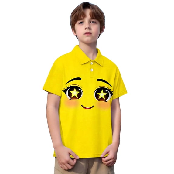WOYY Polo Shirt for Boys Casual Short Sleeve Shirt with Funny Expression Print, Sizes 3-14