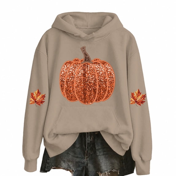 WOYY Pumpkin Hoodie for Girls Lined Long Sleeve Hooded Sweatshirt, Beige, Size 2-14