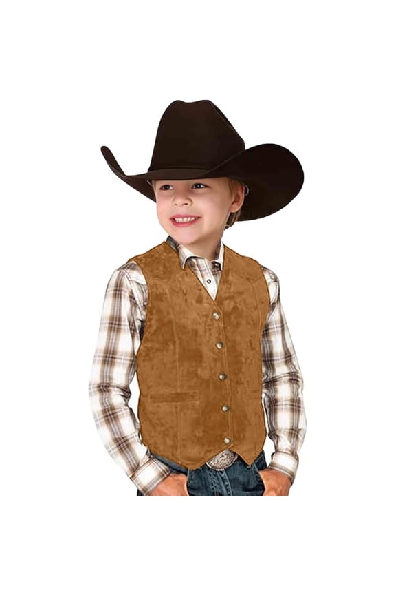 Retro Boys Cowboy Vest Suede Leather V Neck Vintage Waistcoat, Sizes 3-12