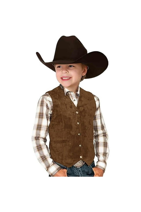 Retro Boys Cowboy Vest Suede Leather V Neck Vintage Waistcoat, Sizes 3-12
