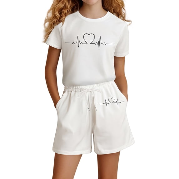 WOYY Shorts Set for Girls Cotton Graphic Short Sleeve T Shirt Shorts Outfits, Sizes 11-12