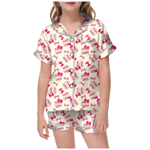 WOYY Sleepwear Set for Girls Baseball Shirt Short Sleeved Top Shorts Loungewear, Sizes 10-11