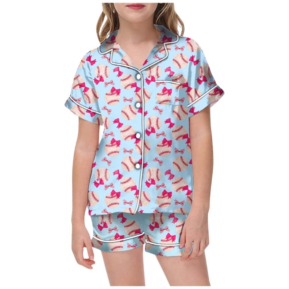 WOYY Sleepwear Set for Girls Baseball Shirt Short Sleeved Top Shorts Loungewear, Sizes 12-13