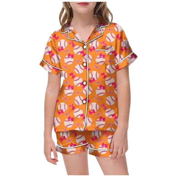WOYY Sleepwear Set for Girls Baseball Shirt Short Sleeved Top Shorts Loungewear, Sizes 4-5T